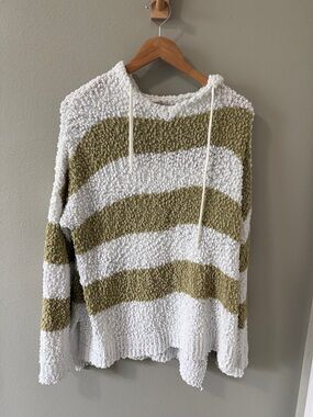 ADORA Olive & White Striped Popcorn-Knit Hoodie Sweater